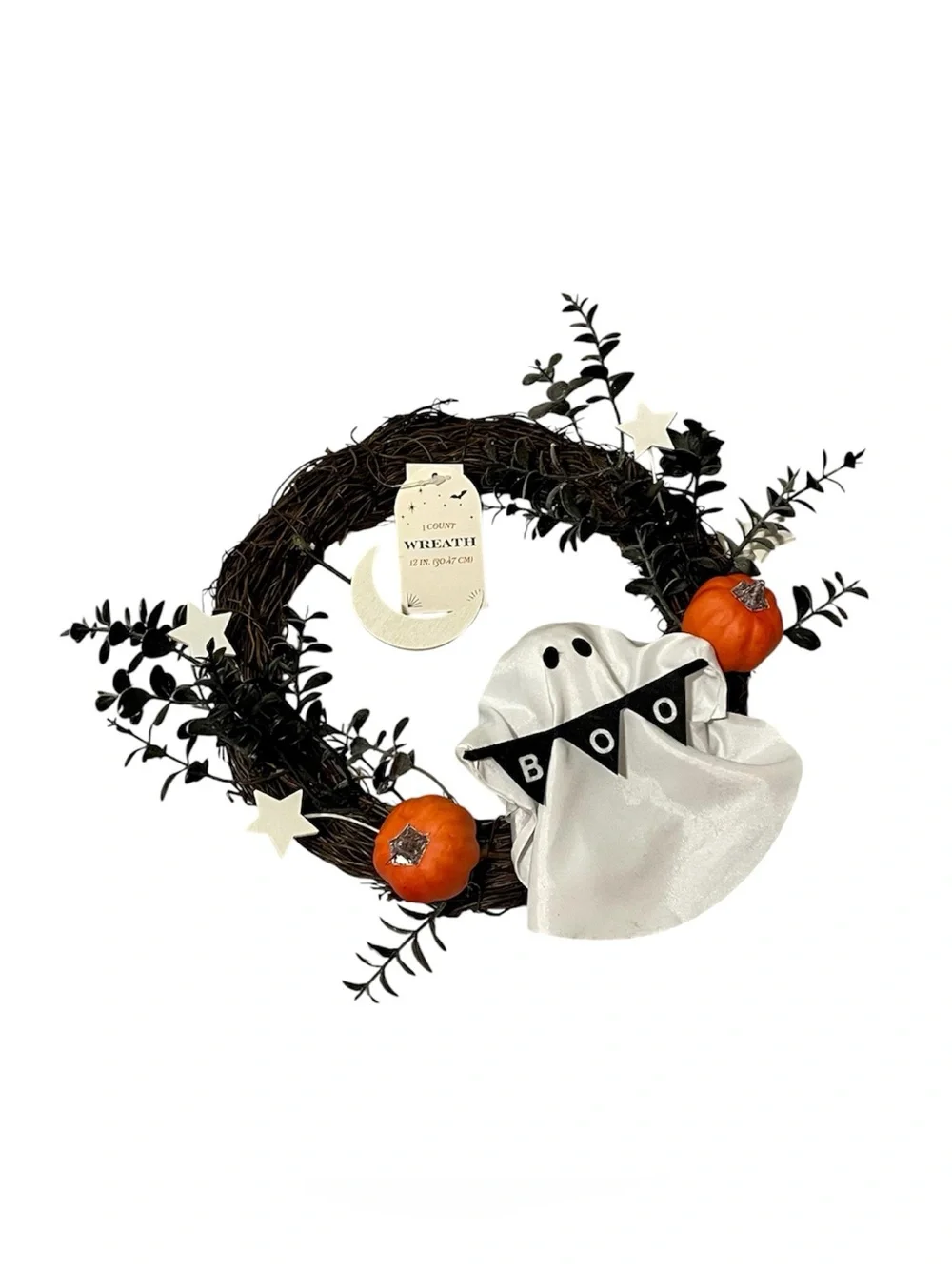 Ghost Wreath with Mini Pumpkins, Moon and Stars